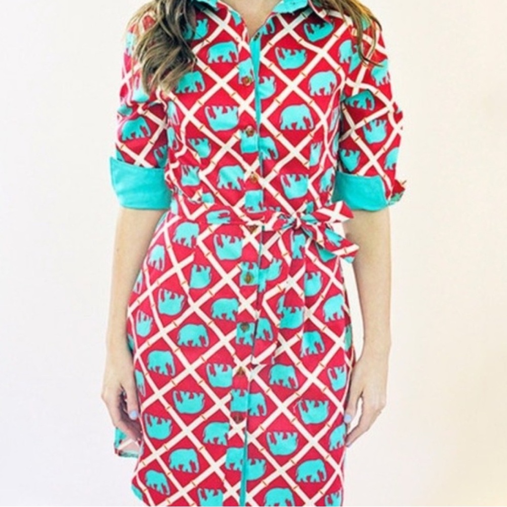 Red and Blue Wrap Tie Front Dress with Cuffed 3/4 Sleeves